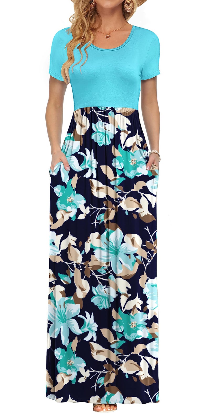AUSELILY Women's Short Sleeve Loose Plain Casual Long Maxi Dresses for Women 2026 Light Blue S - Image 1